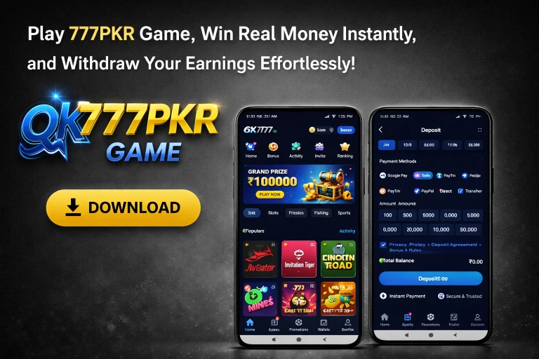 777PKR Game mobile app promotion with dark black background, high quality casino interface, download button and real money earning features