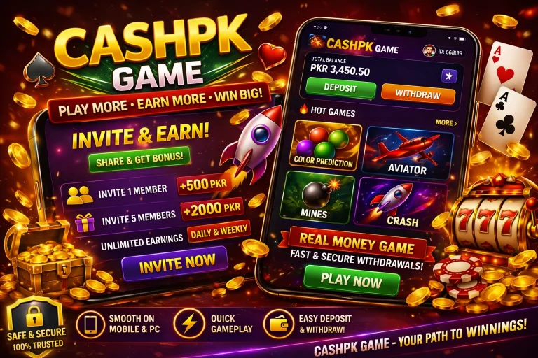 CashPK game mobile app interface with two smartphones showing casino games and rewards on red background
