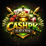CashPK casino game logo with gold coins, poker chips, dice and playing cards on dark background