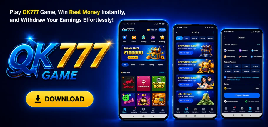 QK777 Game latest version download guide banner with mobile app interface screenshots and dark blue background