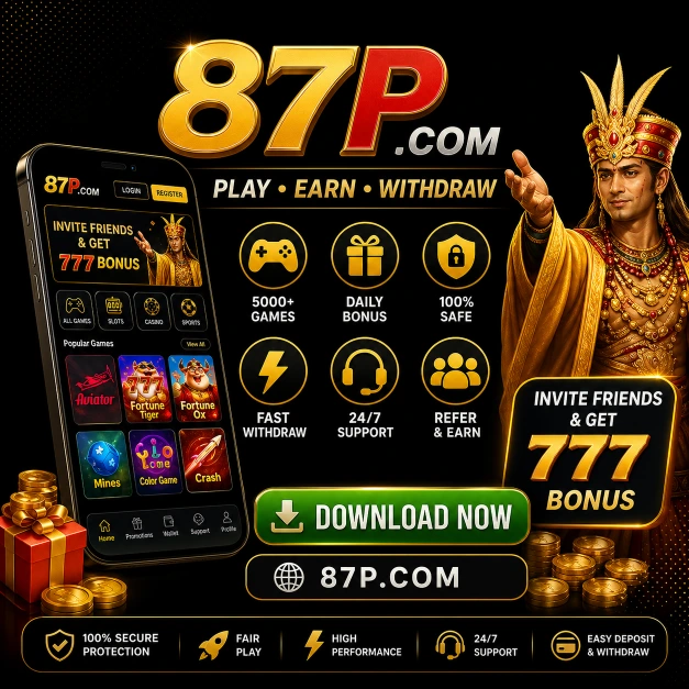 87P  game app download banner with bonus offer play earn withdraw high quality design