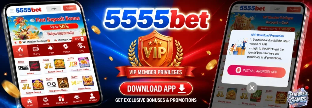 5555bet Game mobile app casino homepage with slots, poker, fish games and VIP member bonus offers
